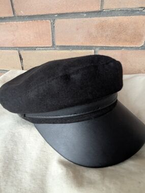 Black Baker Boy Cap with Faux Leather Visor